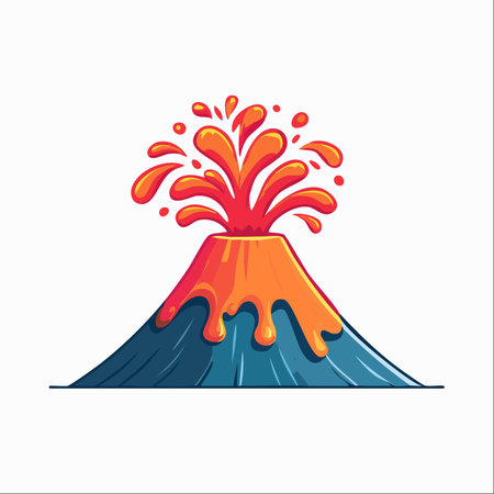 A vibrant and energetic illustration captures the raw power of a volcanic eruption. Hot, orange lava flows down the sides of the blue mountain while a dynamic splash of magma explodes from the crater.のイラスト素材