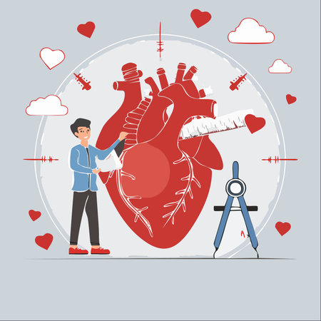 A young medical professional stands before a large anatomical representation of a human heart.のイラスト素材