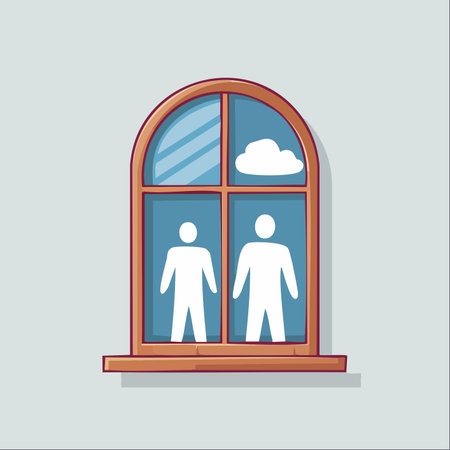 Two symbolic figures stand together inside a home, looking out through an arched window.のイラスト素材