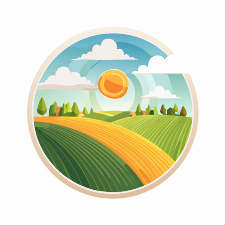 The sun shines brightly over rolling hills covered in lush green and golden crops.のイラスト素材