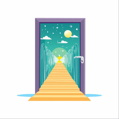 An open door reveals a surreal and magical path leading to a glowing horizon under a starry night sky.のイラスト素材