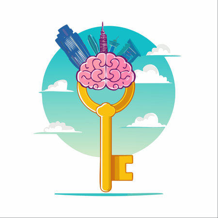 A conceptual illustration of a golden key with a brain as its head, holding up a vibrant city skyline.のイラスト素材