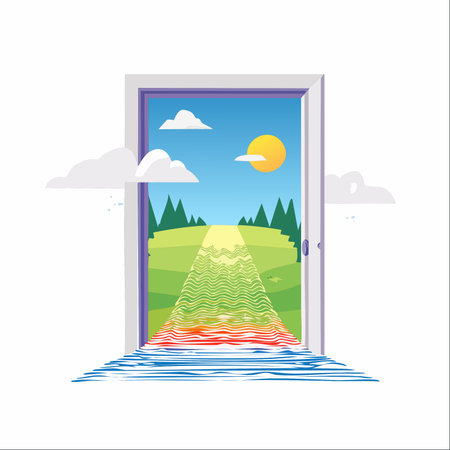 An open door reveals a vibrant, surreal landscape with a colorful, wavy path flowing outwards.のイラスト素材