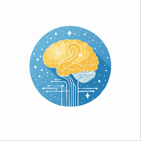 An illustration of a vibrant yellow brain connected to a complex digital network, set against a celestial blue background.のイラスト素材