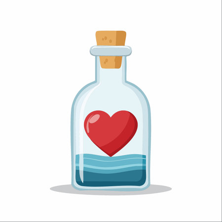 A vibrant red heart is carefully preserved inside a clear glass bottle, floating gently on a mysterious blue liquid.のイラスト素材