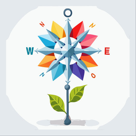 A vibrant, stylized compass rose blooms like a flower, its colorful petals pointing in all...