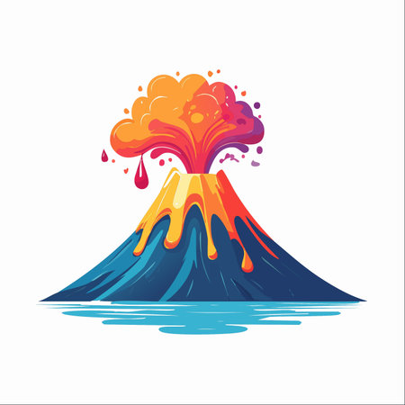 A powerful volcano erupts in a burst of vibrant color, sending rivers of molten lava towards a tranquil sea.のイラスト素材