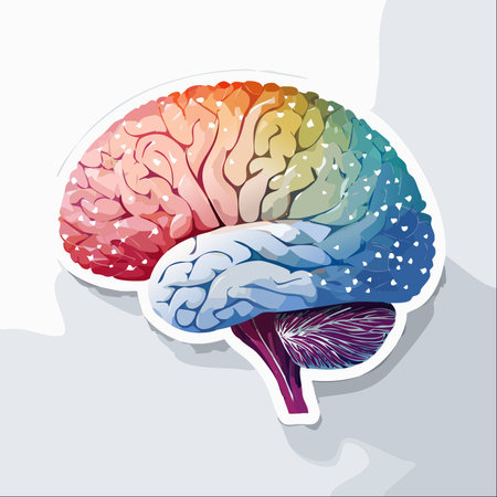 A vibrant, stylized illustration of the human brain presented as a modern sticker.のイラスト素材