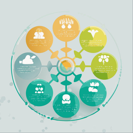 A visually engaging infographic illustrating a holistic system where various components, represented by clean icons, are interconnected to a central core.のイラスト素材
