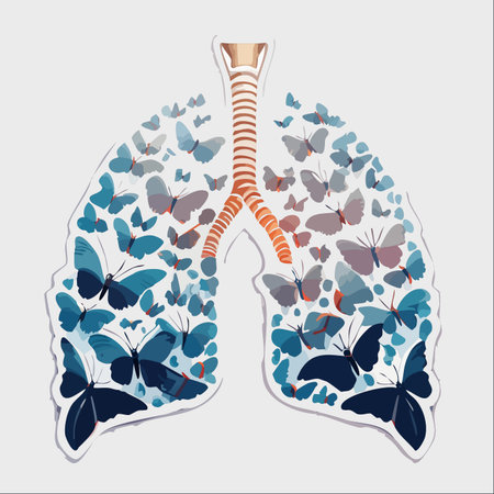 A conceptual illustration depicting human lungs formed by a delicate swarm of blue and grey butterflies.のイラスト素材