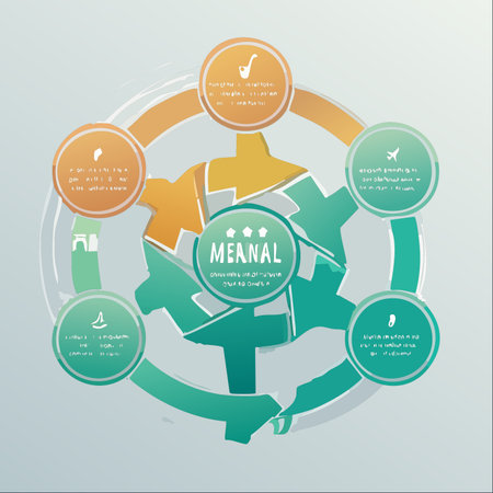 A modern infographic illustrating a five-step business cycle. A central gear represents the core engine of the project, driving interconnected stages shown in circular icons.のイラスト素材