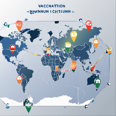 An infographic illustrating a global vaccination campaign, with location pins marking key distribution points across the world.のイラスト素材