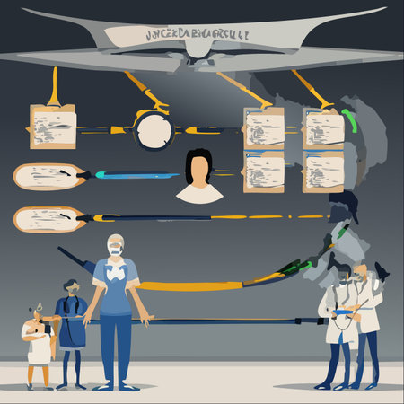 A team of dedicated scientists and doctors collaborates in a futuristic setting, analyzing a complex data visualization.のイラスト素材