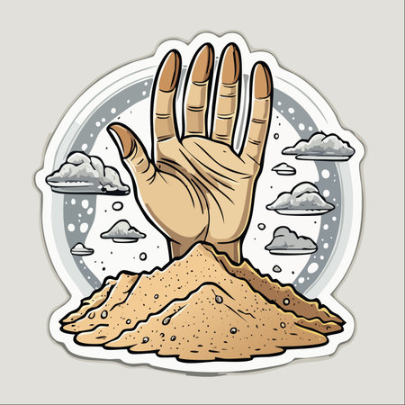 A powerful hand emerges from a pile of cosmic dust, reaching towards a surreal sky filled with floating clouds.のイラスト素材