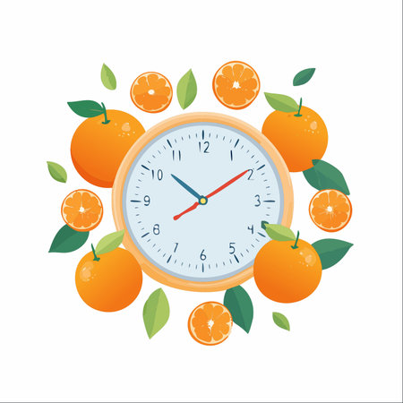 A vibrant illustration showing a classic clock encircled by fresh, juicy oranges and green leaves.のイラスト素材