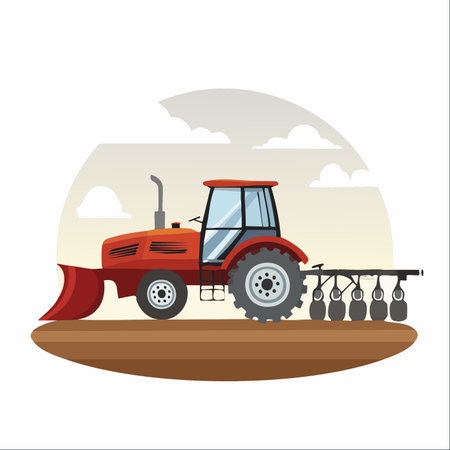 A powerful red tractor is depicted at work, equipped with a front plow and a rear cultivator.のイラスト素材