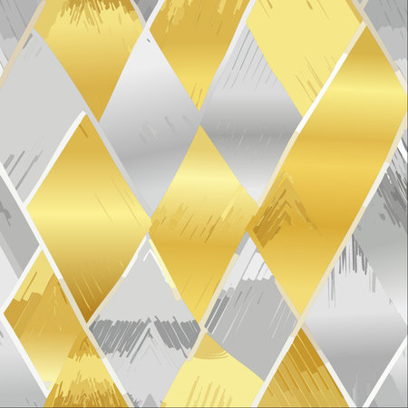 A sophisticated and modern abstract background where shimmering gold and sleek silver diamonds intersect.のイラスト素材