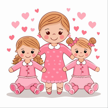 A charming illustration of a loving doll family. A mother or big sister doll stands protectively between two smaller dolls, all dressed in matching pink outfits.のイラスト素材