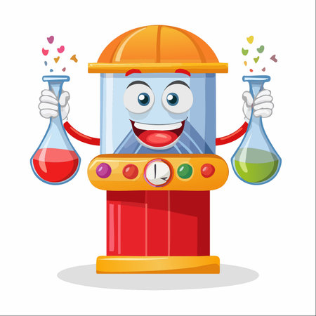 A cheerful gumball machine character, transformed into a playful scientist, joyfully holds two flasks filled with colorful liquids.のイラスト素材