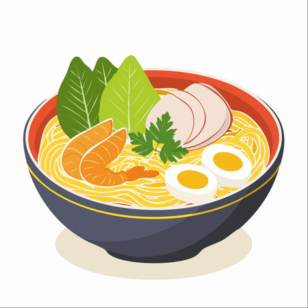 A delicious and inviting bowl of traditional Japanese ramen, presented as a clean vector illustration.のイラスト素材