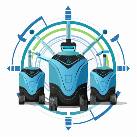 A team of advanced, blue autonomous robots stands ready against a high-tech, circular interface.のイラスト素材