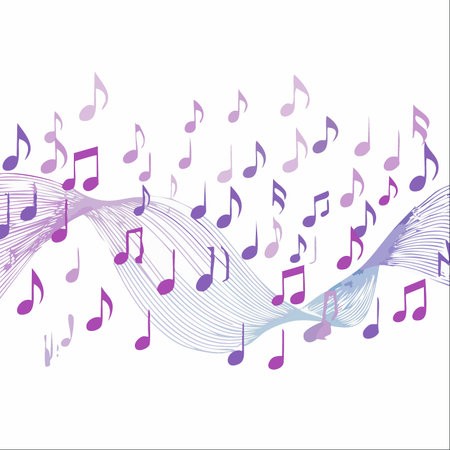 A cascade of purple and violet musical notes dances across an abstract, flowing staff, creating a visual representation of a beautiful melody.のイラスト素材
