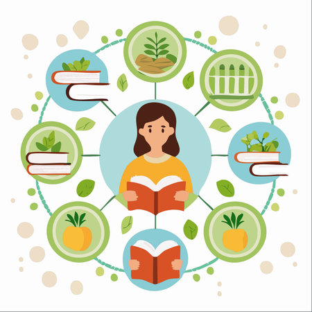 A woman immerses herself in a book, exploring the world of agriculture and plant science.のイラスト素材