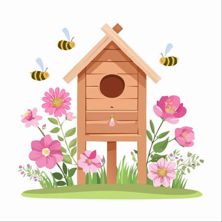 A charming wooden beehive stands nestled among vibrant pink flowers in a lush green garden.のイラスト素材