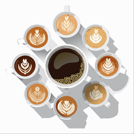 A vibrant collection of coffee cups, viewed from above, showcases a variety of brews. In the center, a bold black coffee is surrounded by smaller cups, each adorned with intricate latte art.のイラスト素材