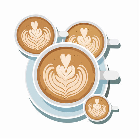 A delightful collection of freshly brewed cappuccinos, each topped with intricate latte art featuring a heart design.のイラスト素材