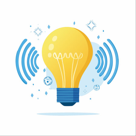 A glowing yellow lightbulb, a classic symbol of a new idea, emits blue waves. This illustration captures the moment an idea is not just conceived but shared, spreading like a signal to inspire others.のイラスト素材