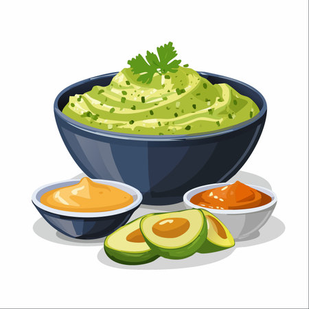 A delicious bowl of freshly made guacamole, garnished with herbs, takes center stage.のイラスト素材