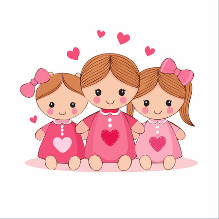 Three inseparable best friends, depicted as charming dolls, sit closely together, sharing a moment of pure affection.のイラスト素材