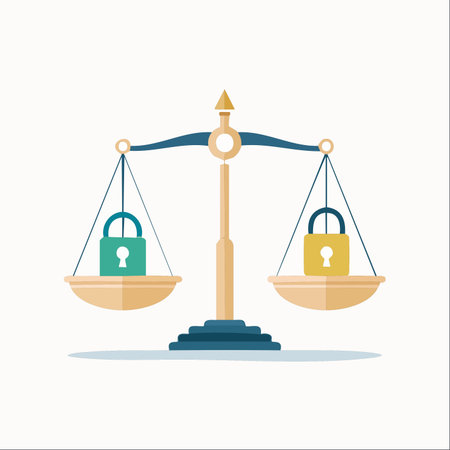 A conceptual illustration showing two different padlocks, one green and one yellow, perfectly balanced on a classic scale of justice.のイラスト素材
