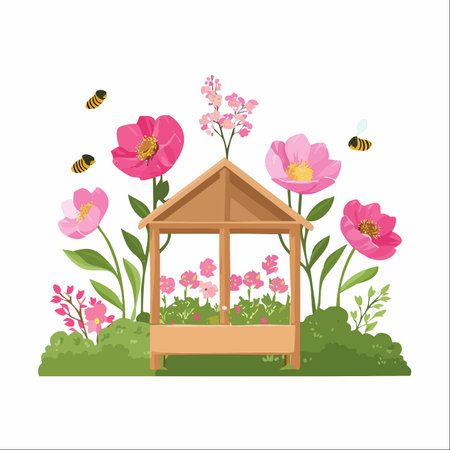 A charming wooden greenhouse sits nestled in a vibrant spring garden, protecting delicate pink seedlings.のイラスト素材
