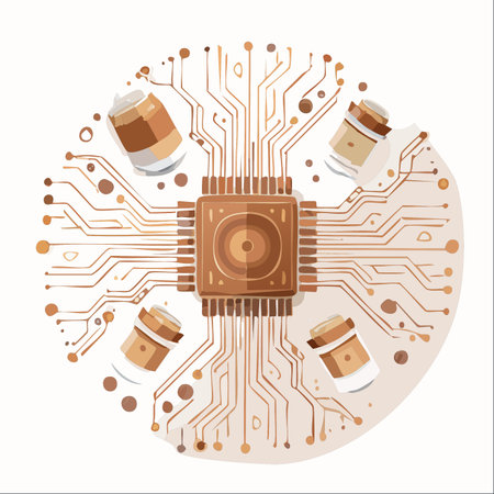 An imaginative illustration depicting the essential relationship between technology and caffeine.のイラスト素材