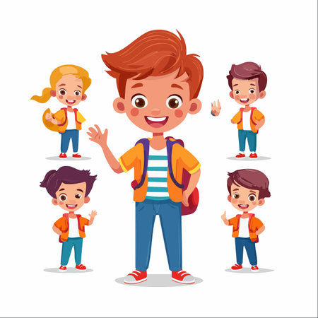 A friendly group of diverse elementary school students is excited for their first day.のイラスト素材