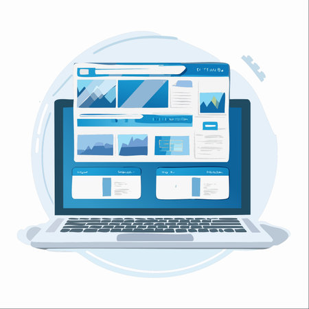 A modern laptop displays a complex business analytics dashboard on its screen.のイラスト素材