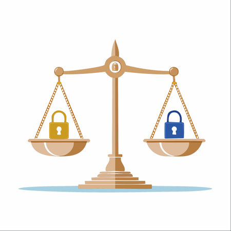 A vector illustration showing a classic balance scale weighing two different padlocks, one gold and one blue.のイラスト素材