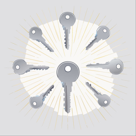 A collection of keys is arranged in a radiant circle, with a prominent key at the center.のイラスト素材