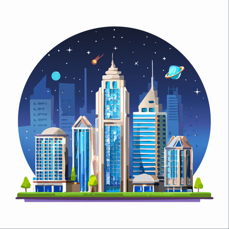 An imaginative illustration of a futuristic metropolis thriving under a cosmic night sky.のイラスト素材