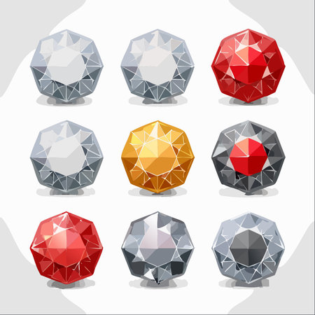 A vibrant collection of nine meticulously crafted gemstone icons, showcasing a variety of precious stones like diamonds, rubies, and gold.のイラスト素材