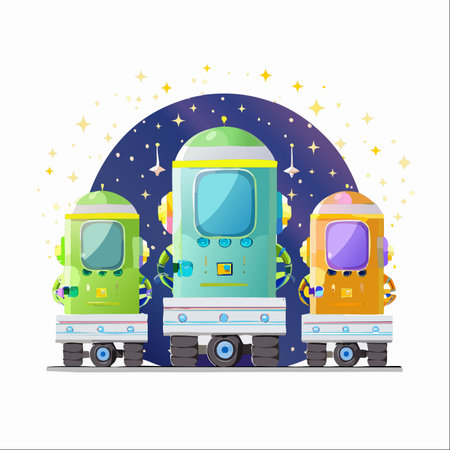 A team of three friendly, colorful robots stands ready for their next cosmic mission.のイラスト素材