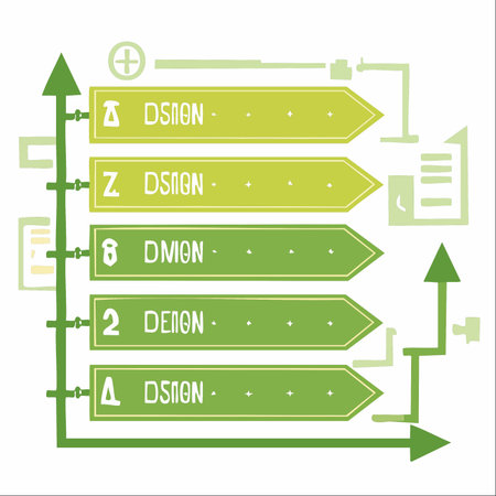 A modern, hand-drawn infographic illustrating a five-step business process. Green arrow banners represent stages of development or options, leading towards a successful outcome.のイラスト素材