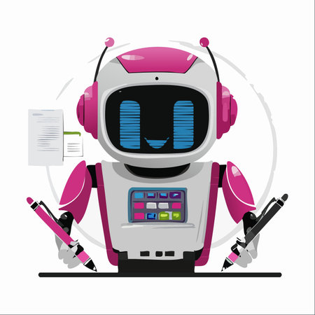 A friendly AI assistant sits ready to work, holding pens for both traditional and digital creation.のイラスト素材