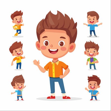 A collection of a cheerful young boy character in various dynamic poses and expressions.のイラスト素材