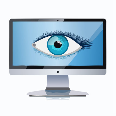 A large, vigilant eye stares out from a modern computer monitor, symbolizing the pervasive nature of digital surveillance, online monitoring, and cybersecurity.のイラスト素材