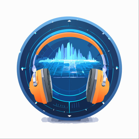 A pair of modern orange headphones are poised before a futuristic circular display, visualizing a complex digital soundwave.のイラスト素材