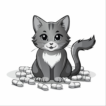 A black and white illustration depicting a small, gray kitten sitting amidst a pile of medical capsules.のイラスト素材