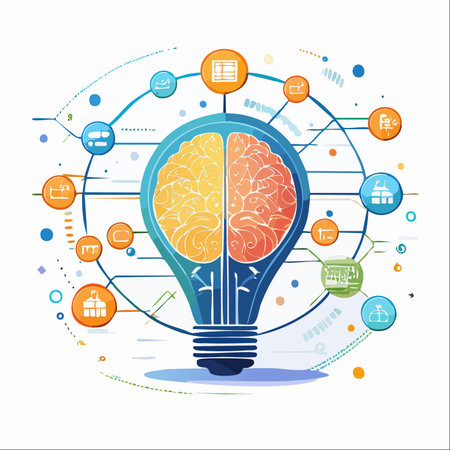 An illustrative concept of innovation, where a brain inside a lightbulb acts as the central hub for a network of business and technology icons.のイラスト素材
